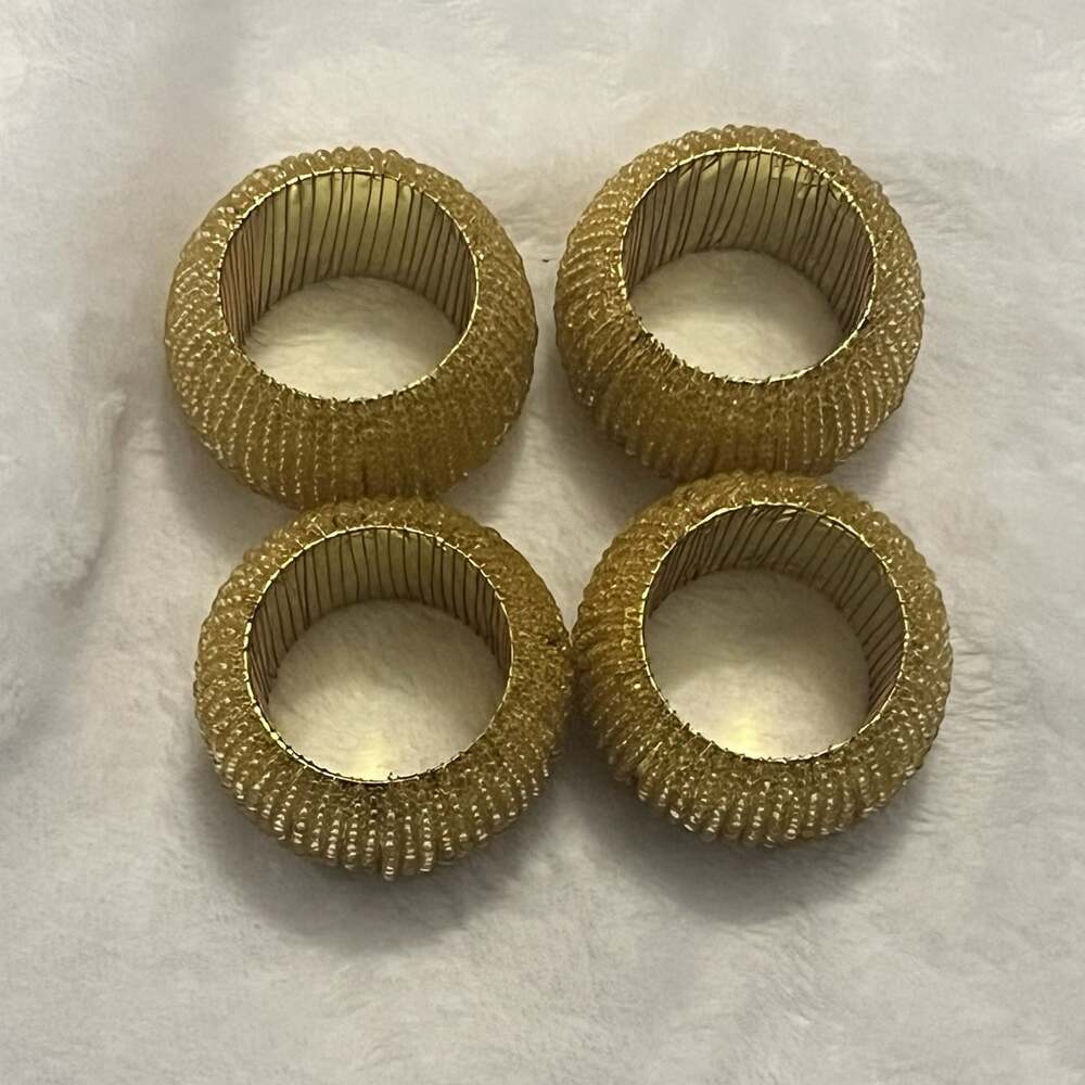 Pier one Gold Fabric Beaded Napkin Rings Set of 4 Dinner Party Set. - Picture 4 of 5